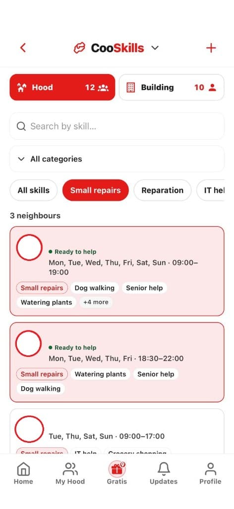 CooSkills nell'app CooHood: vicini con competenze nel Hood e nel palazzo