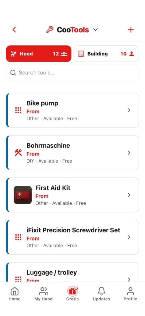 CooTools in the CooHood app: shared tools in the Hood and in the building