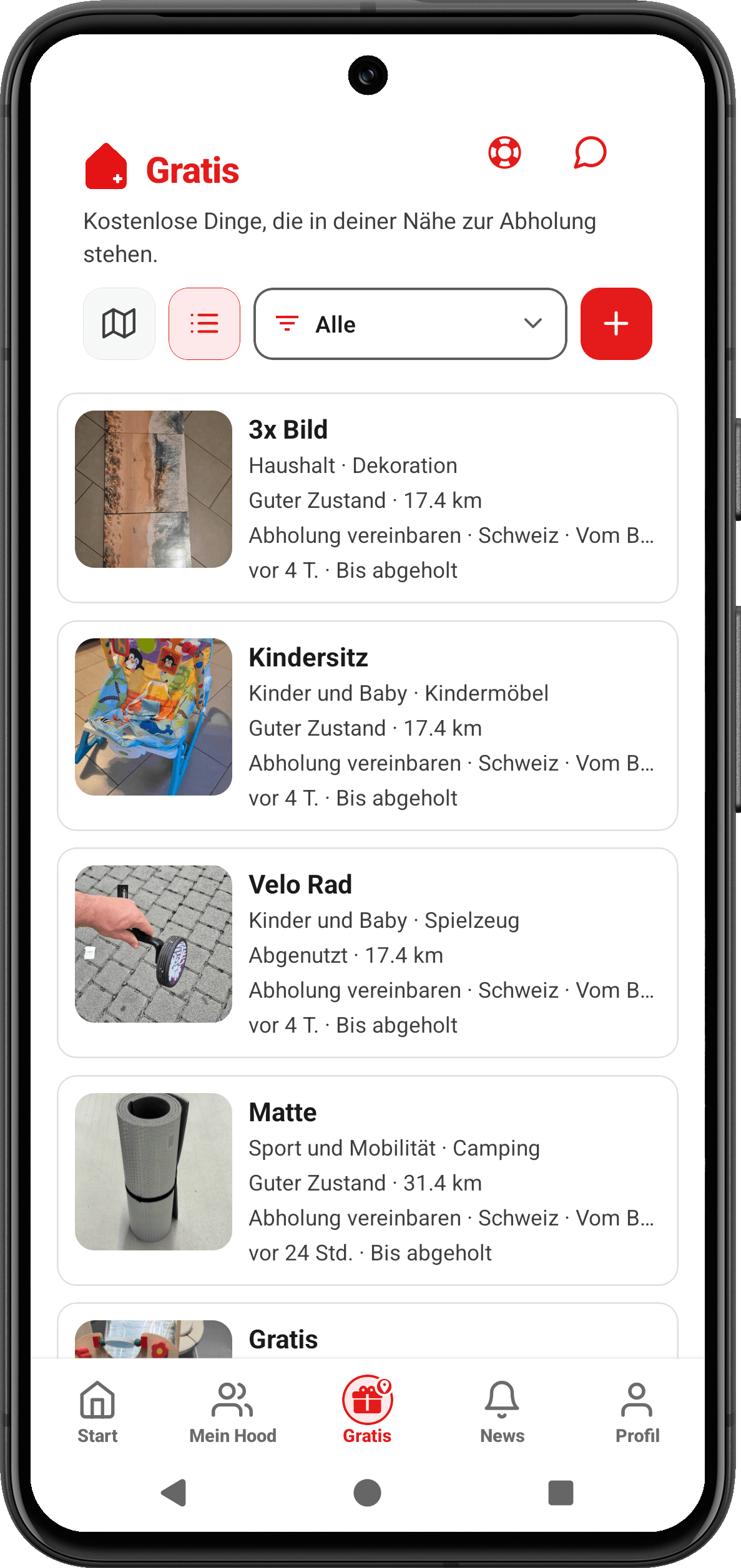 CooHood App: Liste der Gratisangebote mit 3x Bild, Kindersitz, Velo Rad und Matte