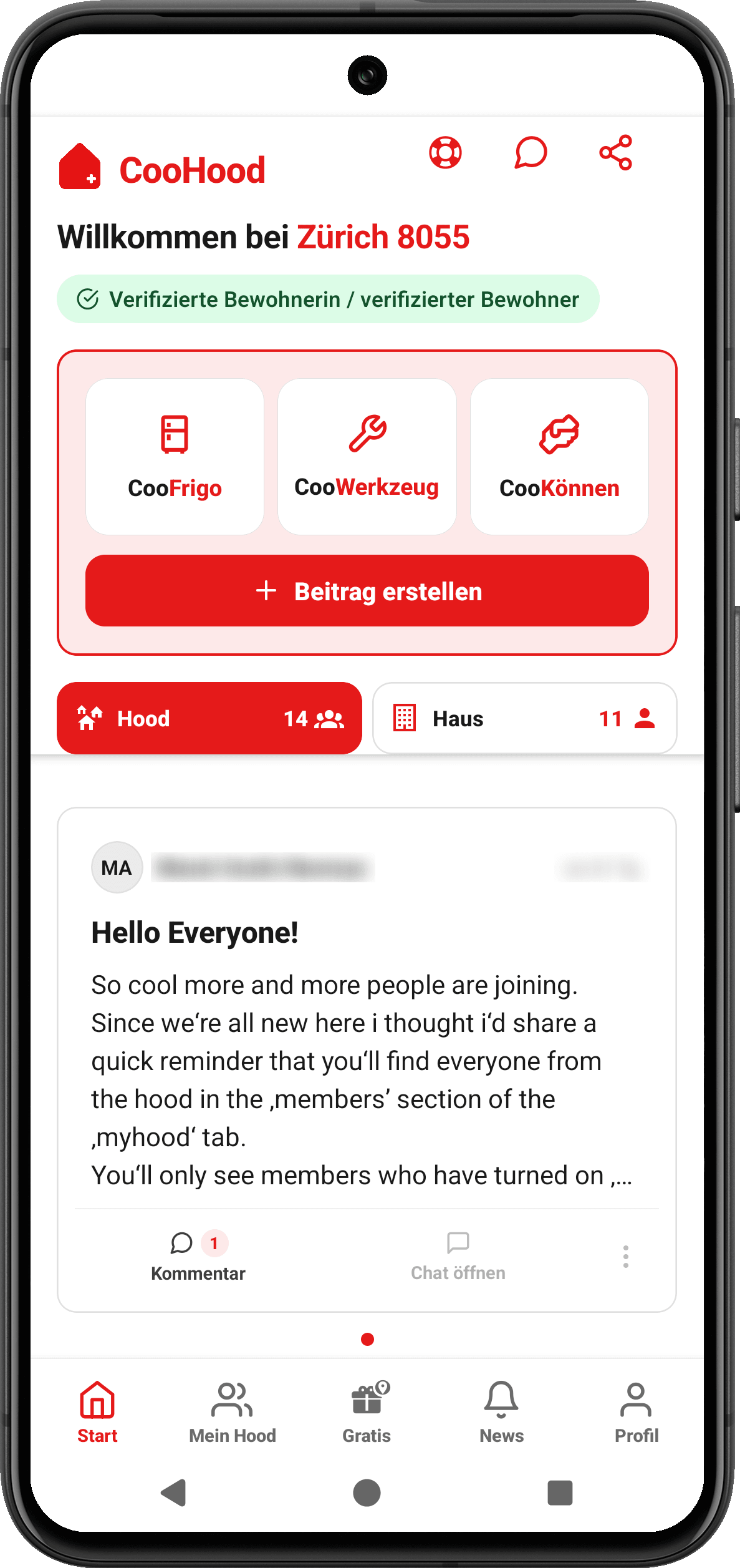 CooHood App: Startseite mit bestätigter Wohnadresse, den Bereichen CooFrigo, CooWerkzeug und CooKönnen, der Schaltfläche für einen neuen Beitrag und einem Beitrag aus dem Hood