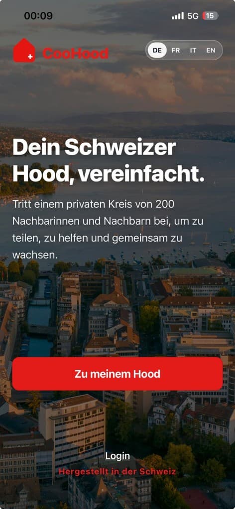 CooHood Startbildschirm mit Willkommenstext über einer Luftaufnahme von Zürich