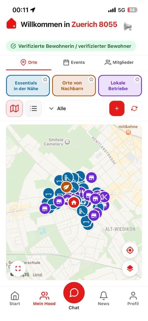Quartierkarte mit Nadeln für Essentials, Orte von Nachbarn und lokale Betriebe
