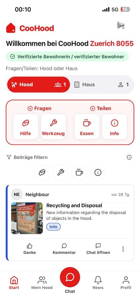 Beitragsübersicht mit den Kategorien Hilfe, Werkzeug, Essen und Info