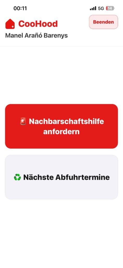 Vereinfachte Ansicht mit grossen Schaltflächen für Nachbarschaftshilfe und Abfuhrtermine
