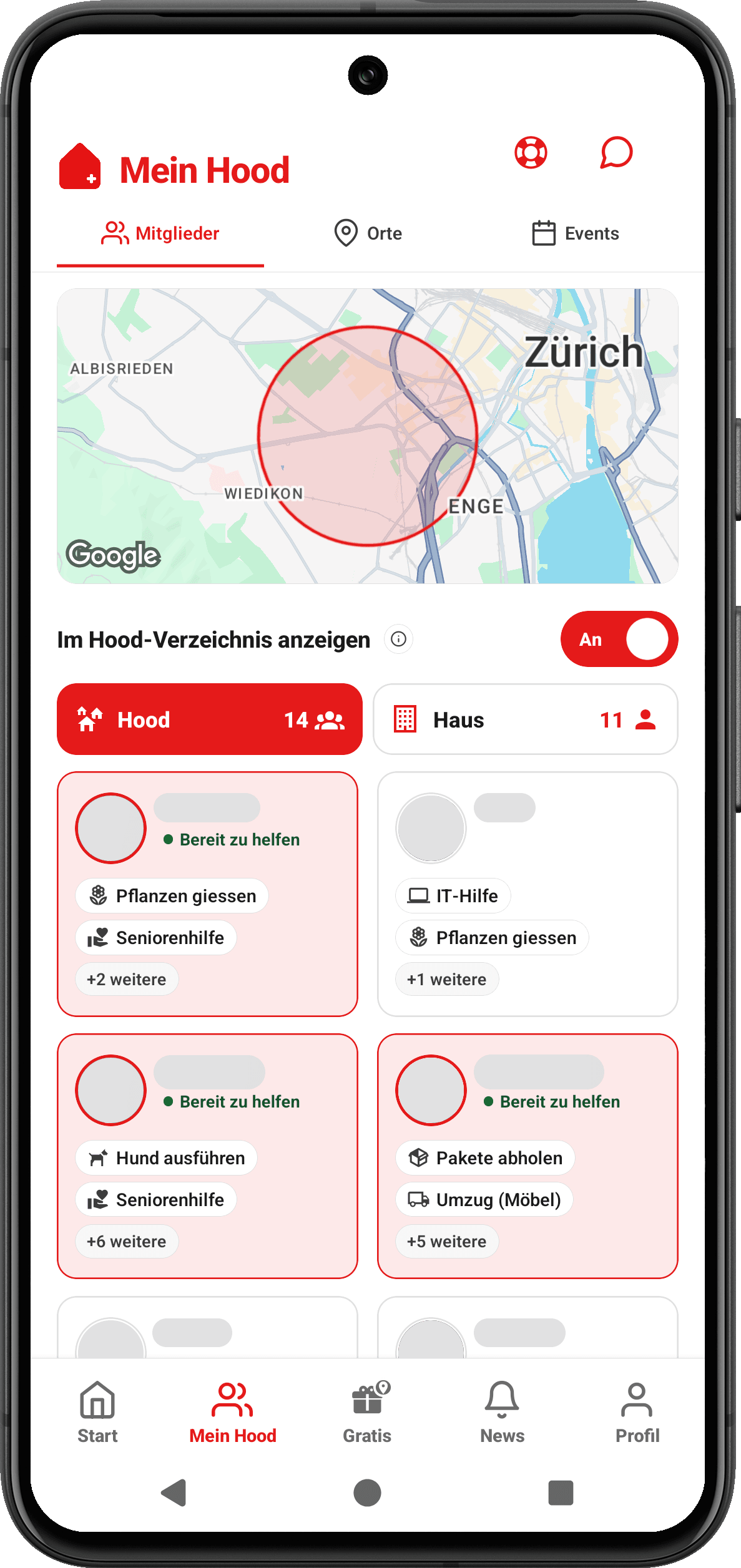 CooHood App: Mitglieder im Hood mit abgedeckten Namen, Karte von Zürich und den Bereichen Hood und Haus