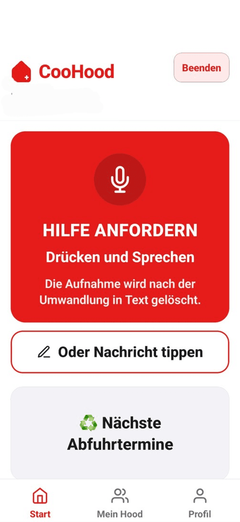 Vista senior dell'app CooHood con un grande pulsante per chiedere aiuto con un messaggio vocale e il promemoria dei prossimi ritiri dei rifiuti